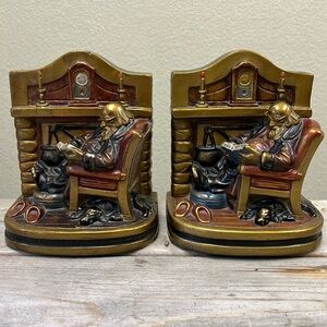 Vintage Pair of GS Allen Armour Bronze Bookends of Fireplace & Man Reading w/Dog